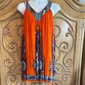 Orange Sleeveless Sundress with Patterned V-Neck